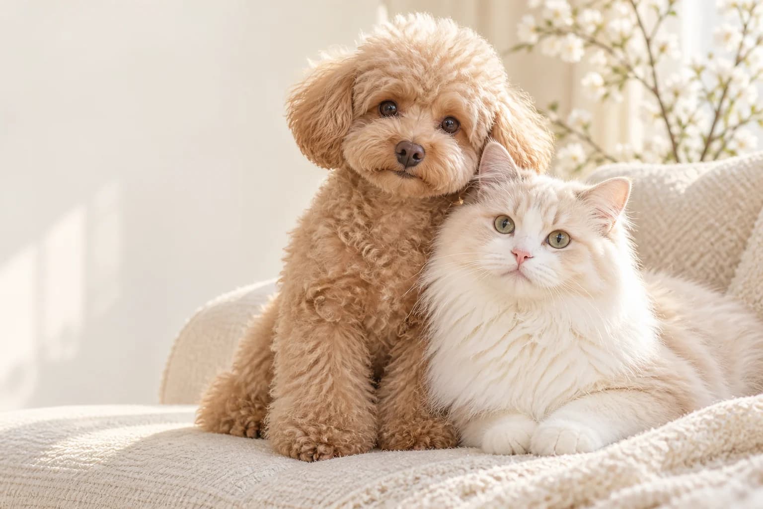 A poodle and cat sitting close together in warm natural light