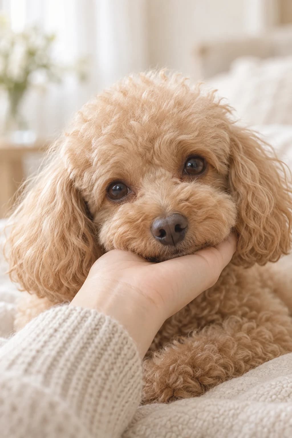 A small dog resting its chin on a person’s hand