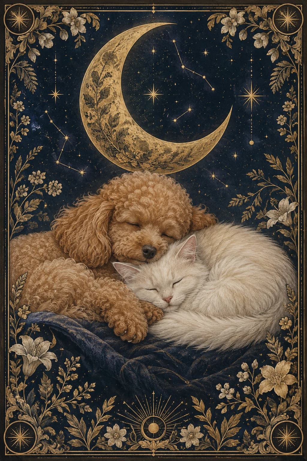月の下で寄り添う犬と猫を描いた、濃紺と金のオラクルカードアート