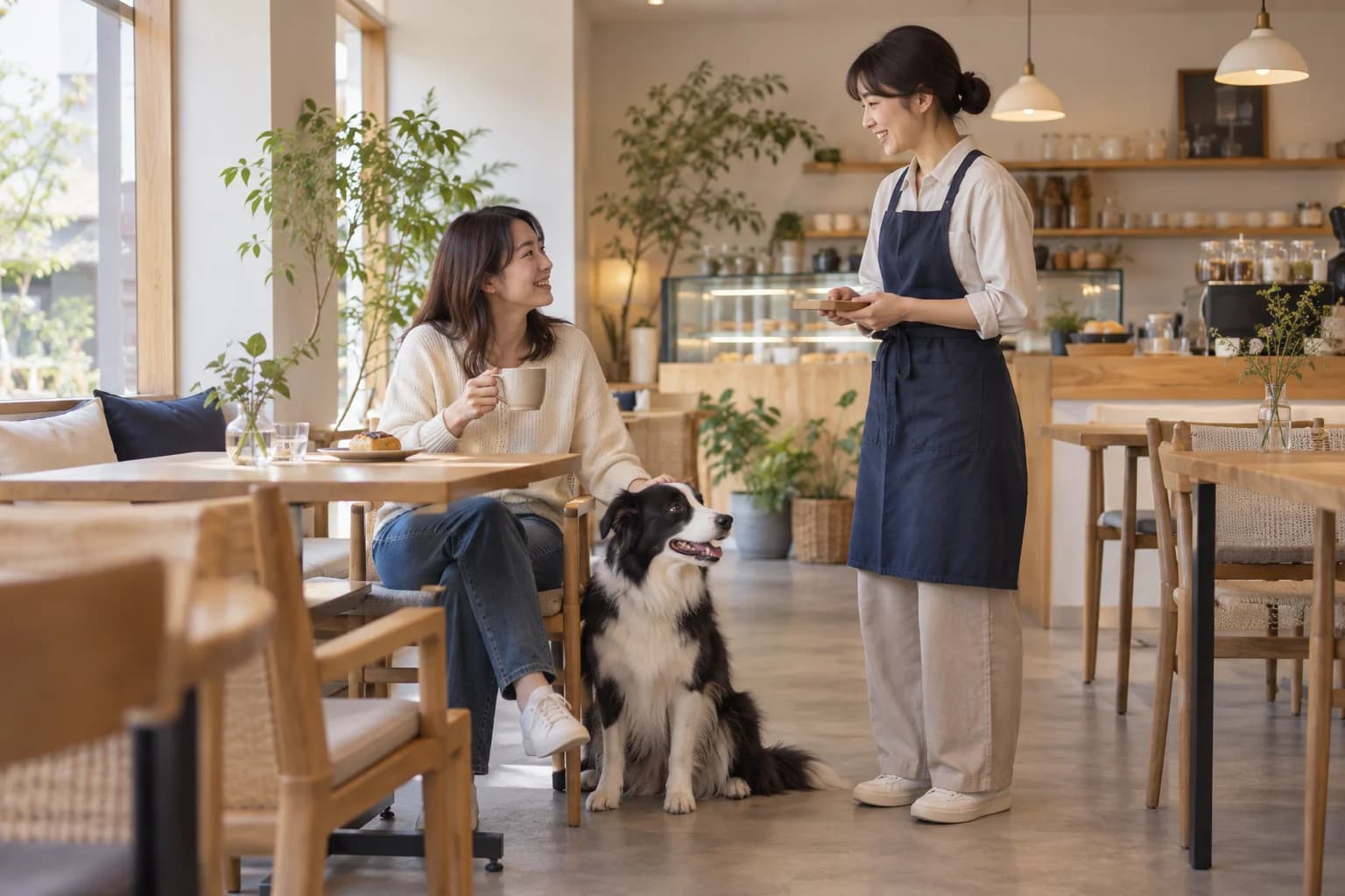 犬と過ごすカフェでスタッフと話す飼い主