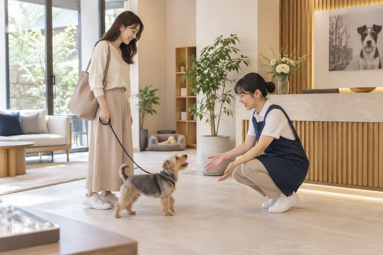 ペットホテルの受付で飼い主と犬を迎えるスタッフ