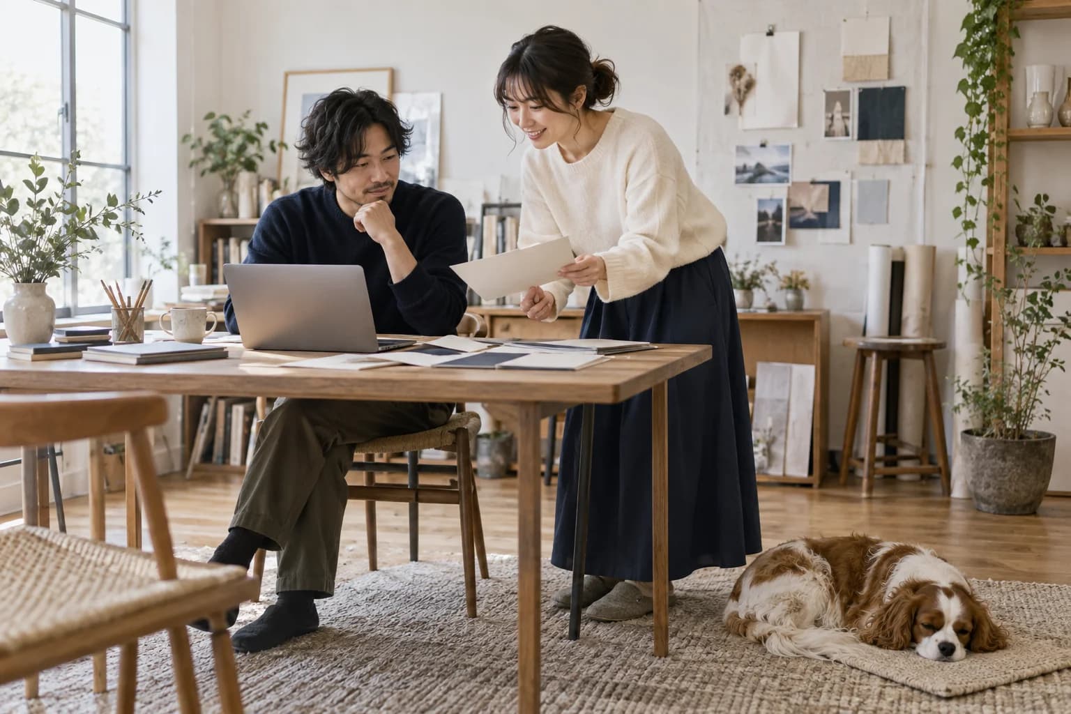 ペットのいる制作事務所で打ち合わせをする二人