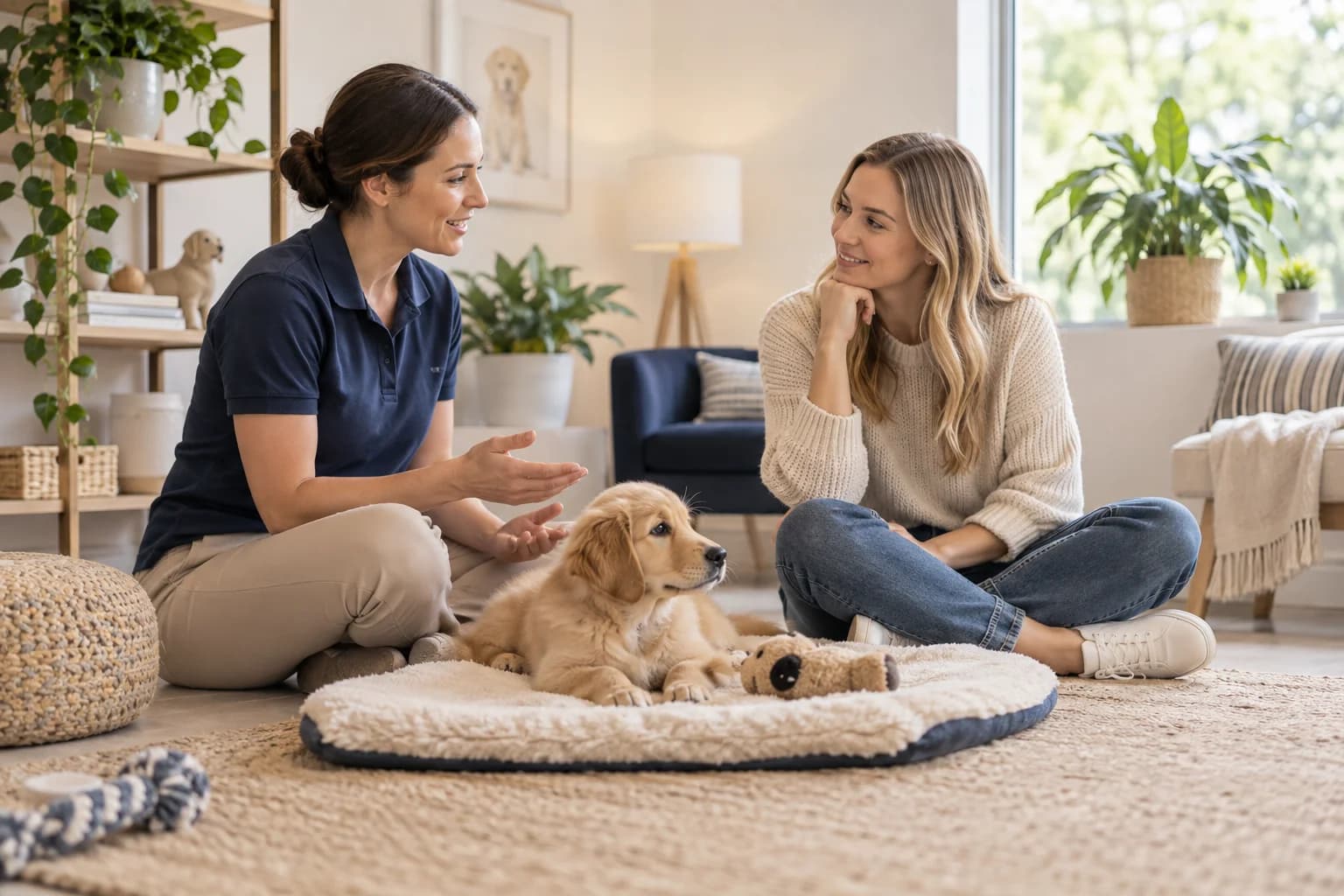 子犬のそばで迎え入れについて相談する飼い主とスタッフ