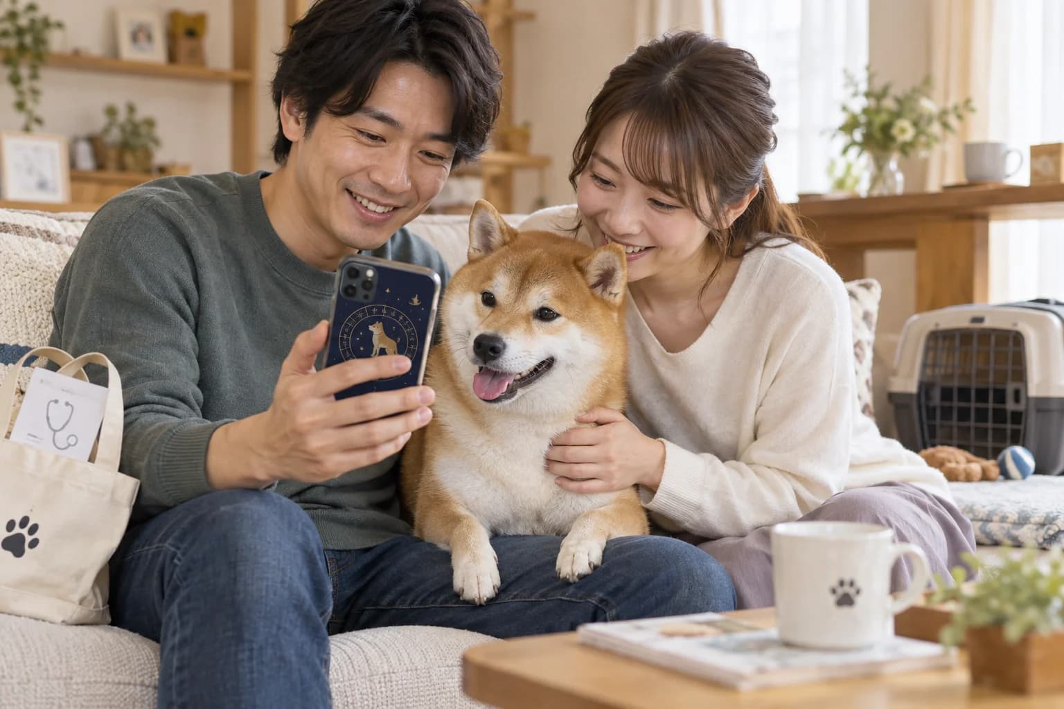 自宅で犬と一緒にペット占いを楽しむ飼い主の利用イメージ