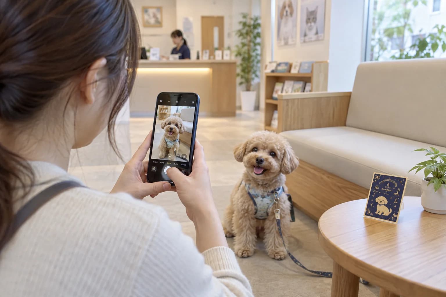 待合室で愛犬の記念写真をスマートフォンで撮る飼い主の利用イメージ