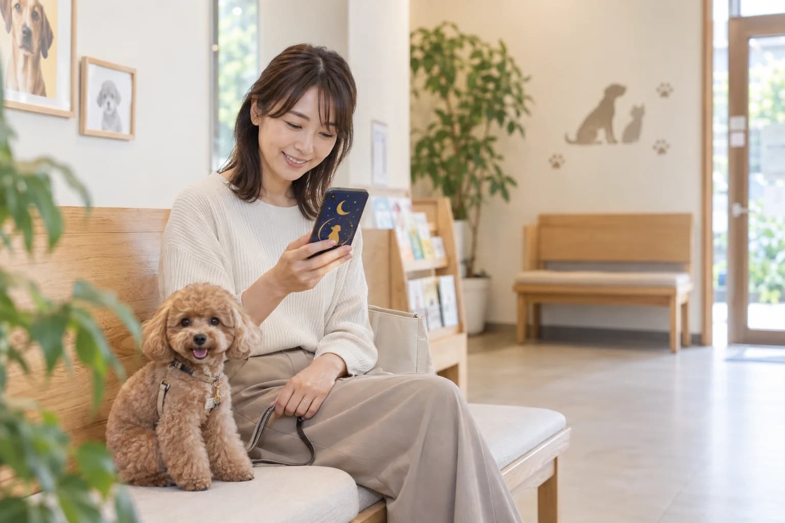 動物病院の待合室で犬と一緒にスマートフォンを楽しむ飼い主の利用イメージ