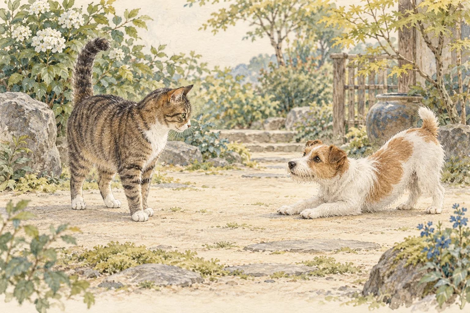庭で向かい合い、しぐさで気持ちを伝え合う猫と子犬の水彩画