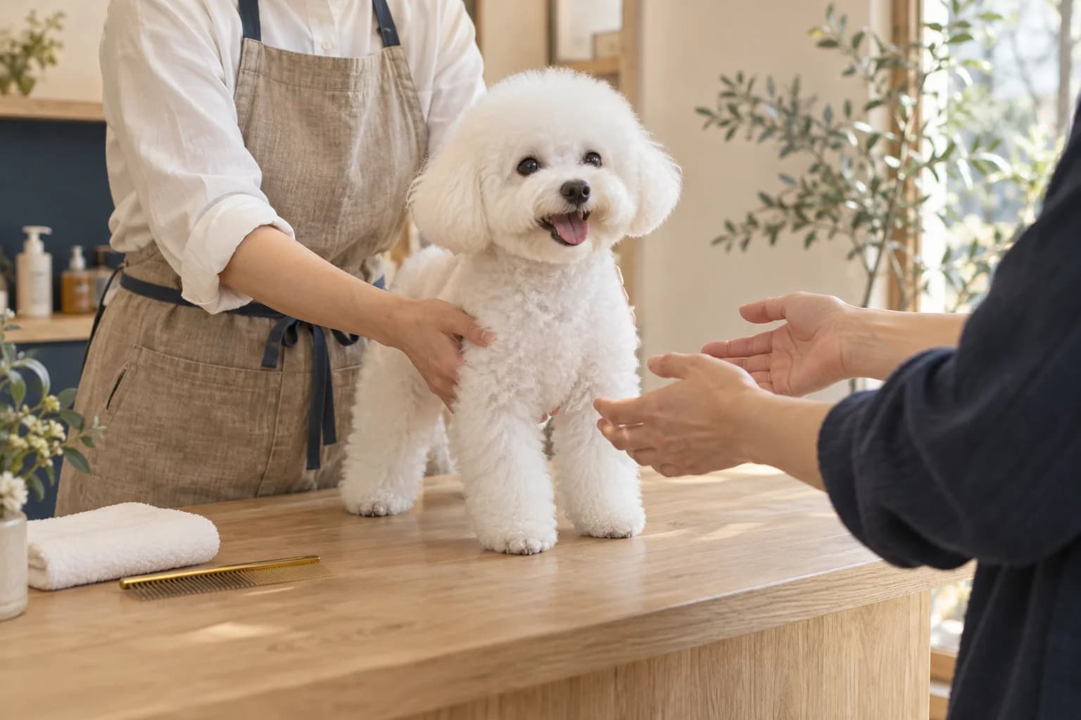 トリマーから飼い主へ、白い犬を迎える場面のイメージ