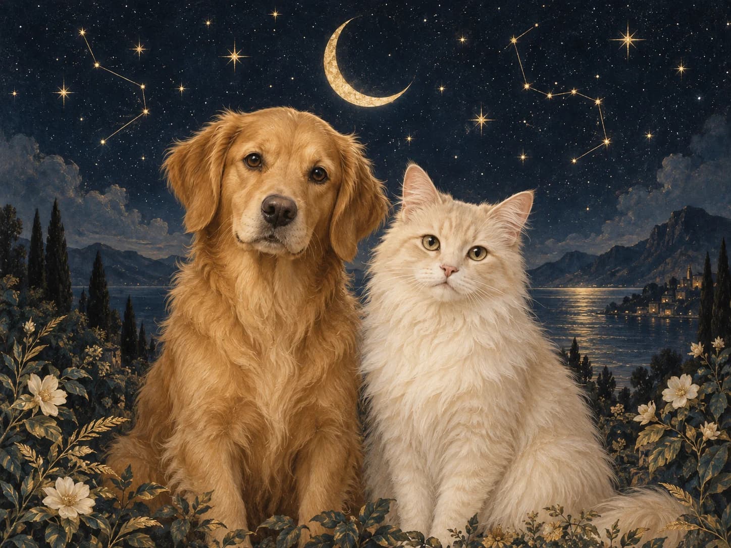 A dog and cat beneath a crescent moon and golden stars