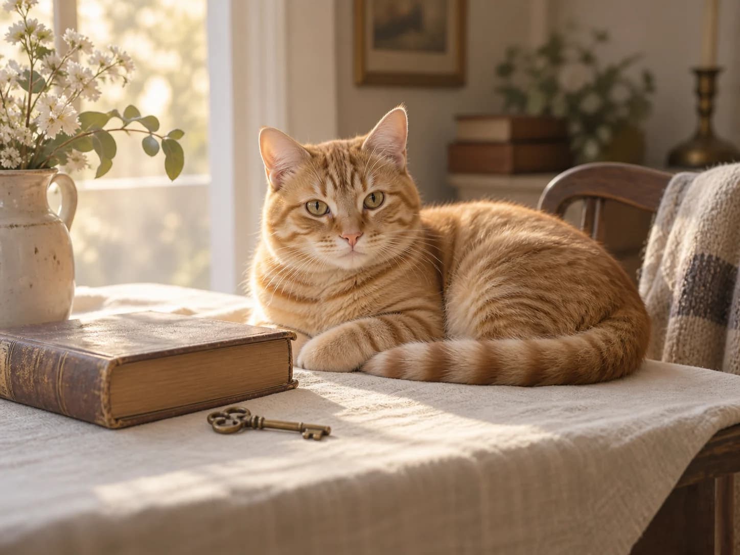 A relaxed cat resting near old books in a warm room
